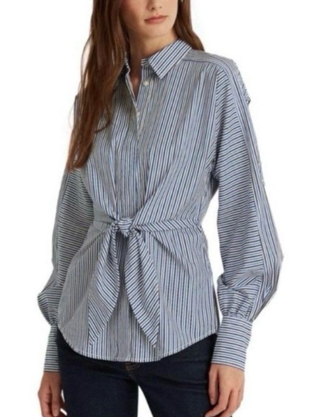 Lauren Ralph Lauren Blue and White Striped Tie-Front Button Down Shirt